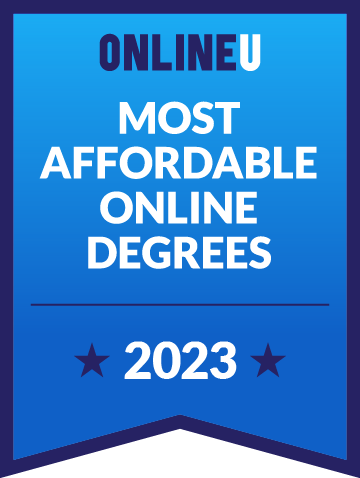 Ribbon design with text "OnlineU, Most Affordable Online Degrees, 2023."