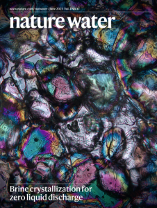 Cover of Nature Water magazine featuring water undergoing desalination process resulting in crystallization