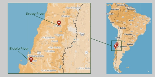Map of South America with a zoomed in sections with labels for the Lircay River and Biobio River.
