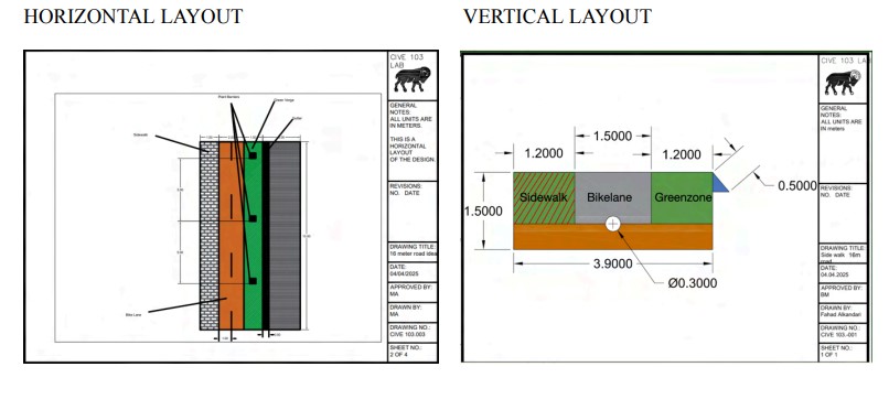 AutoCAD design of a sidewalk from a horizontal view and a vertical view.