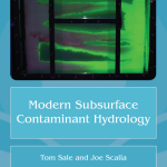 Blue and green textbook cover with text "Modern Subsurface Contaminant Hydrology - Tom Sale and Joe Scalia" and a logo of "The Groundwater Project".