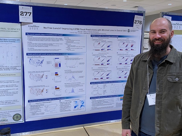 Man stands by poster.