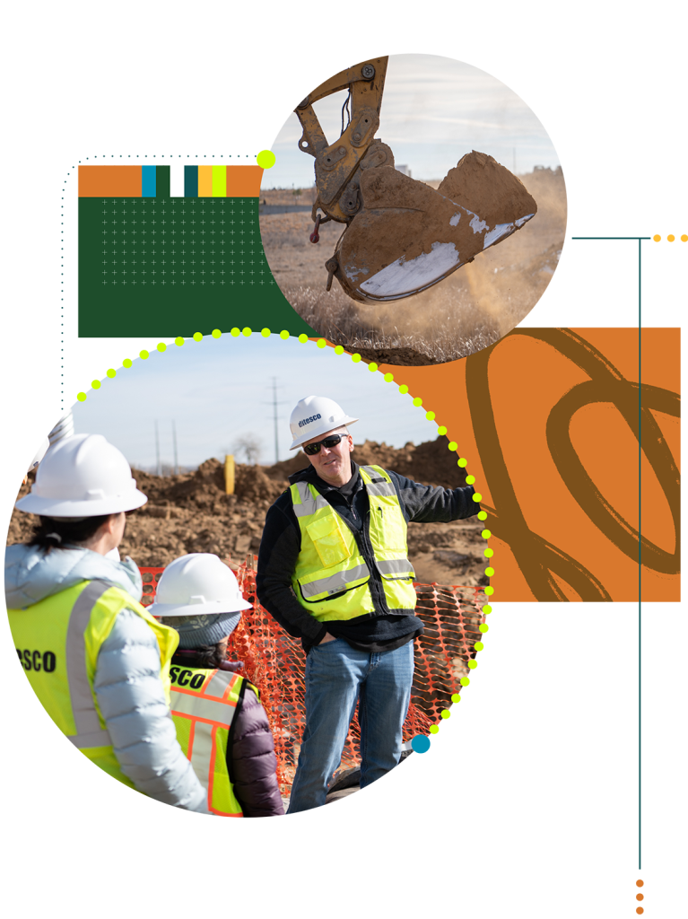 Collage of images including people on a construction site and a digger bucket.