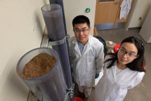 Tiezheng Tong, Assistant Professor of Environmental Engineering, Civil and Environmental Engineering, and PhD student Xuewei, research water filtration in the Scott Bioengineering Building, Walter Scott Jr. College of Engineering, Colorado State University, August 1, 2018