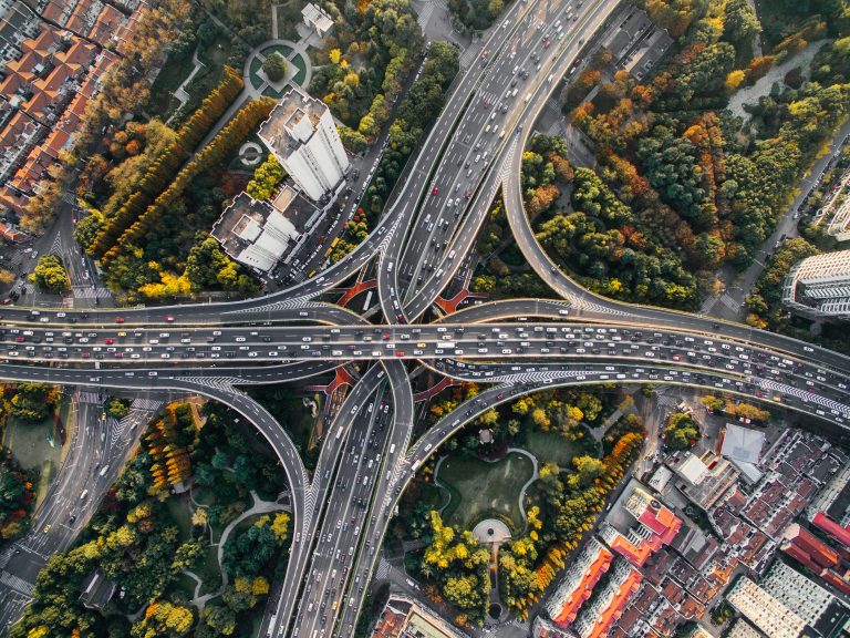 Aerial photo of complex highway intersection in city
