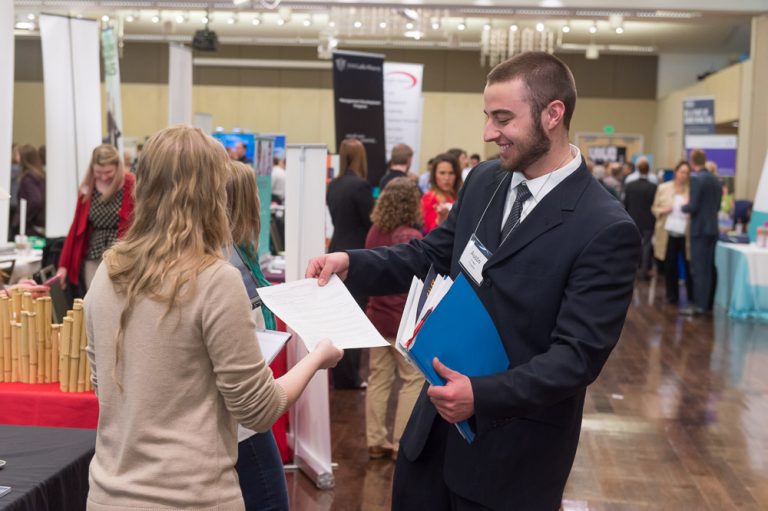 Man and woman at CSU career fair