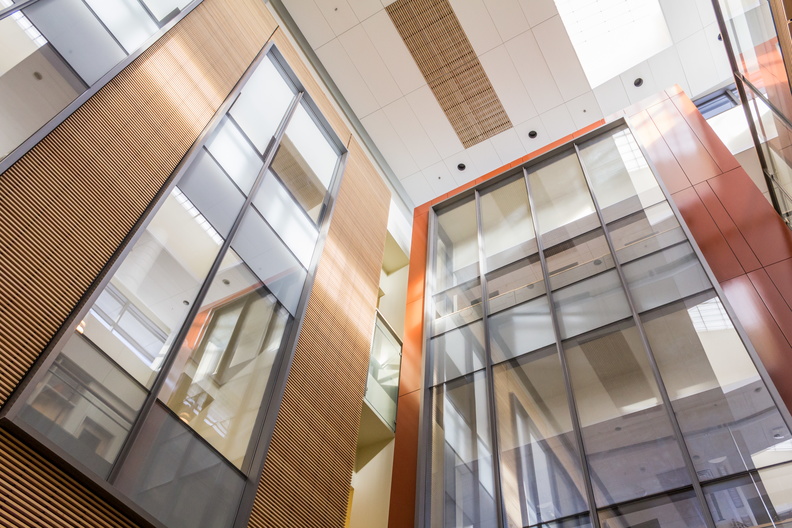 Interior photo of Scott Bioengineering Building, looking up at offices and classrooms