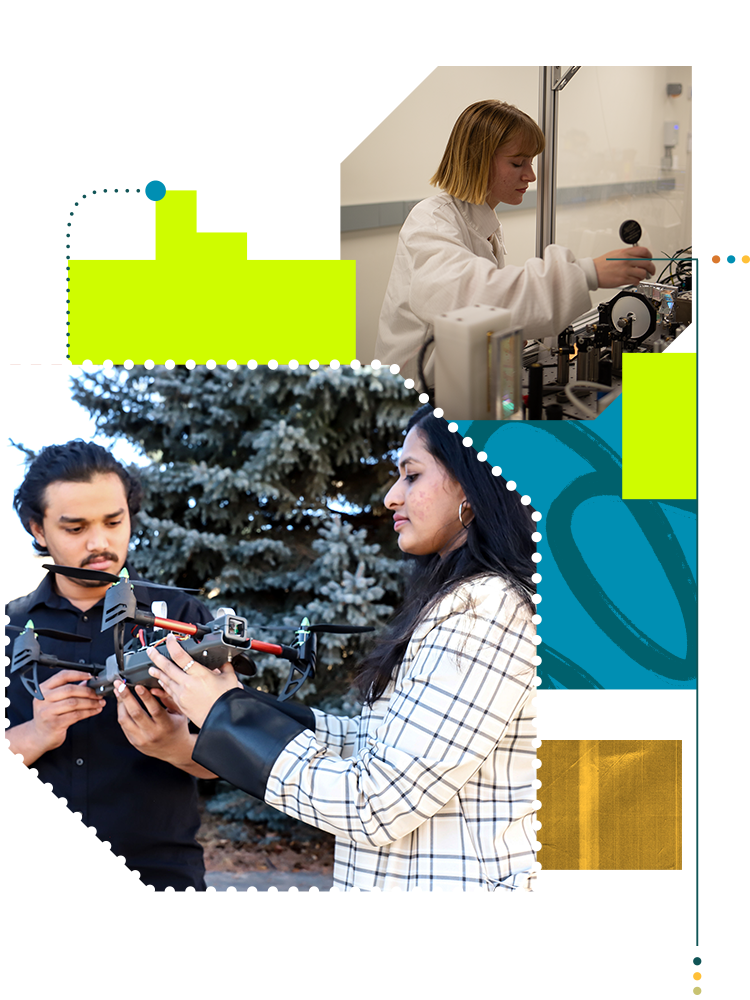 Graphic layout featuring shapes and photos of two women and one man