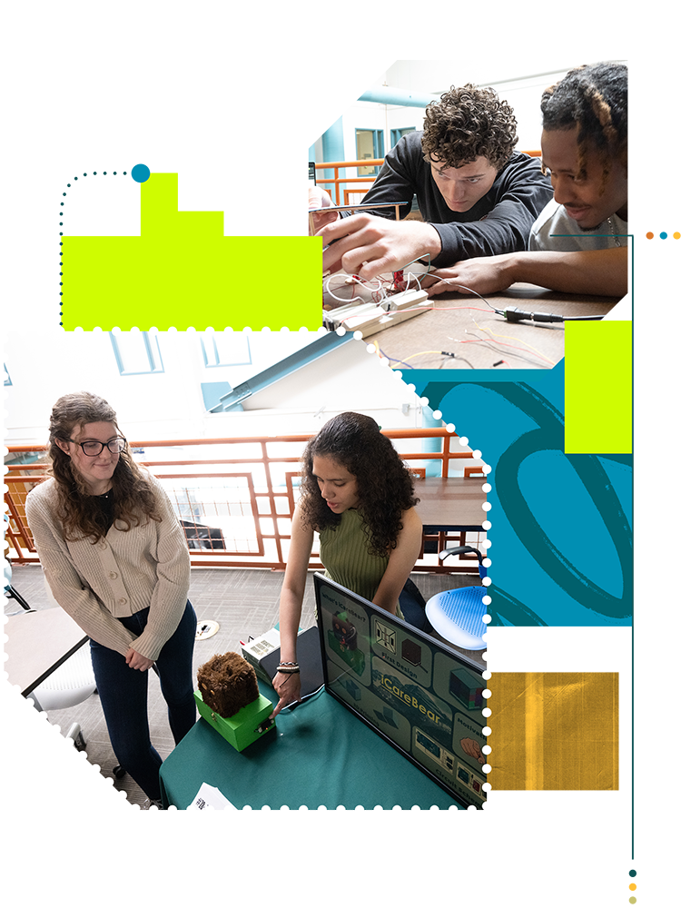 Graphic illustration with students working on projects