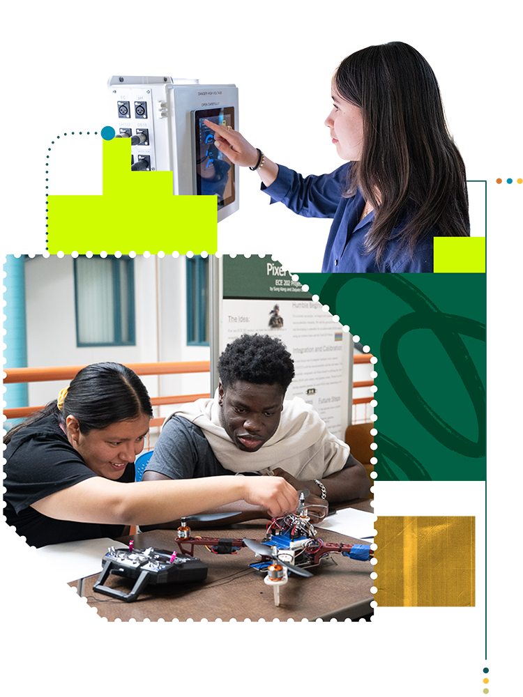 Graphic illustration of students working on projects