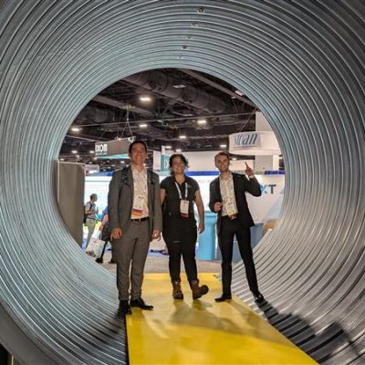 Josh Rodriguez, Dixie Poteet, and Guillermo Vizarreta-Luna standing inside a large pipe at a conference.