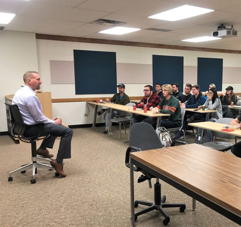Department of Mechanical Engineering chair, Christian Puttlitz meets with students.