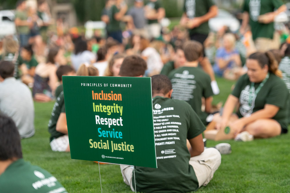 Students gather on a green lawn. A sign in the foreground reads Inclusion, Integrity, Respect, Service, and Social Justice