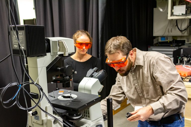 Faculty member Jesse Wilson and student Cameron Coleal in the Wilson Lab, September 2019