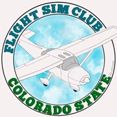 Drawing of a high-wing single-engine civilian aircraft in flight, surrounded by the words "FLIGHT SIM CLUB" and "COLORADO STATE".