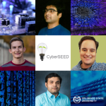 Photos of the four team members with alternating photos of computer-related things like keyboards and lines of programming language code.