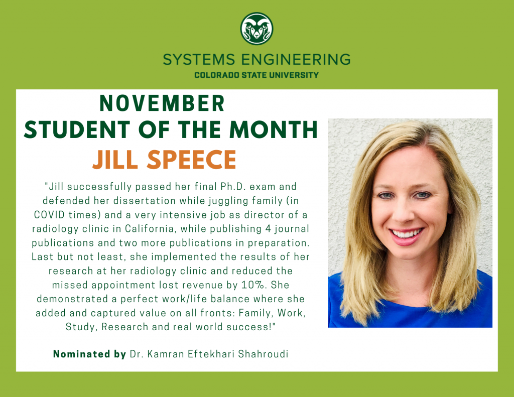 Jill Speece November Student of the Month - text of award is located in the paragraph below
