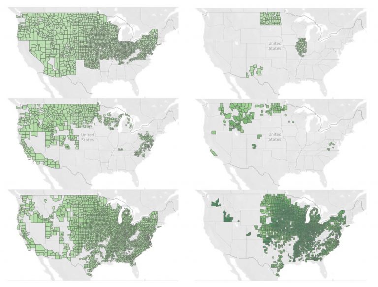 The US maps on the left show the distribution of alfalfa (top), barley (middle), and corn (bottom) yield per acre for counties between 2001 to 2020. The maps on the right show distribution of yield per acre per county for the year 2020.