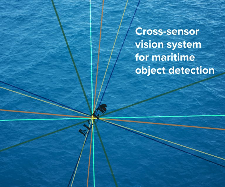 A graphic depicting the shadow of a cargo ship with five overlapping crossed lines centered on the ship. Text on the image says, "Cross-sensor vision system for maritime object detection."