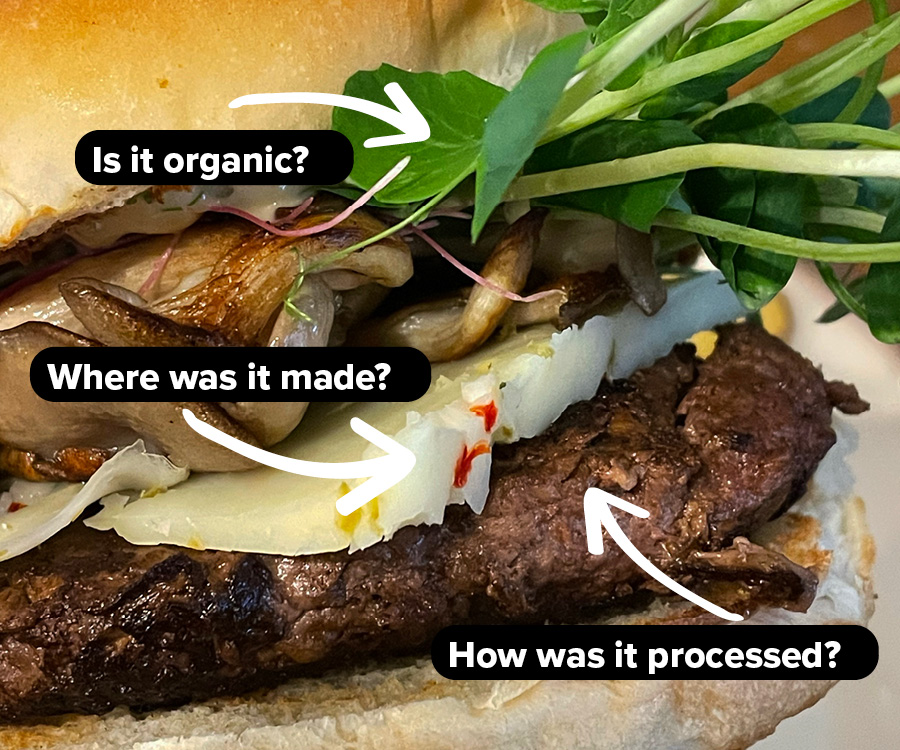 An image of a hamburger with greens, cheese, and mushroom on a bun. Arrows point to different parts of the burger with text asking, "Is it organic?," "Where is it from?," and "How was it processed?"