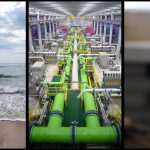 Center photo by James Grellier. Image is of a seawater reverse osmosis desalination facility in Spain. Three images, one of ocean waves, the center of a desalination plant with pipes leading into the distance, the last of water coming out of a faucet.