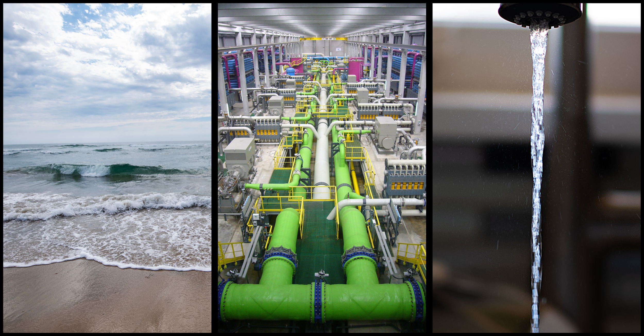 Center photo by James Grellier. Image is of a seawater reverse osmosis desalination facility in Spain. Three images, one of ocean waves, the center of a desalination plant with pipes leading into the distance, the last of water coming out of a faucet.