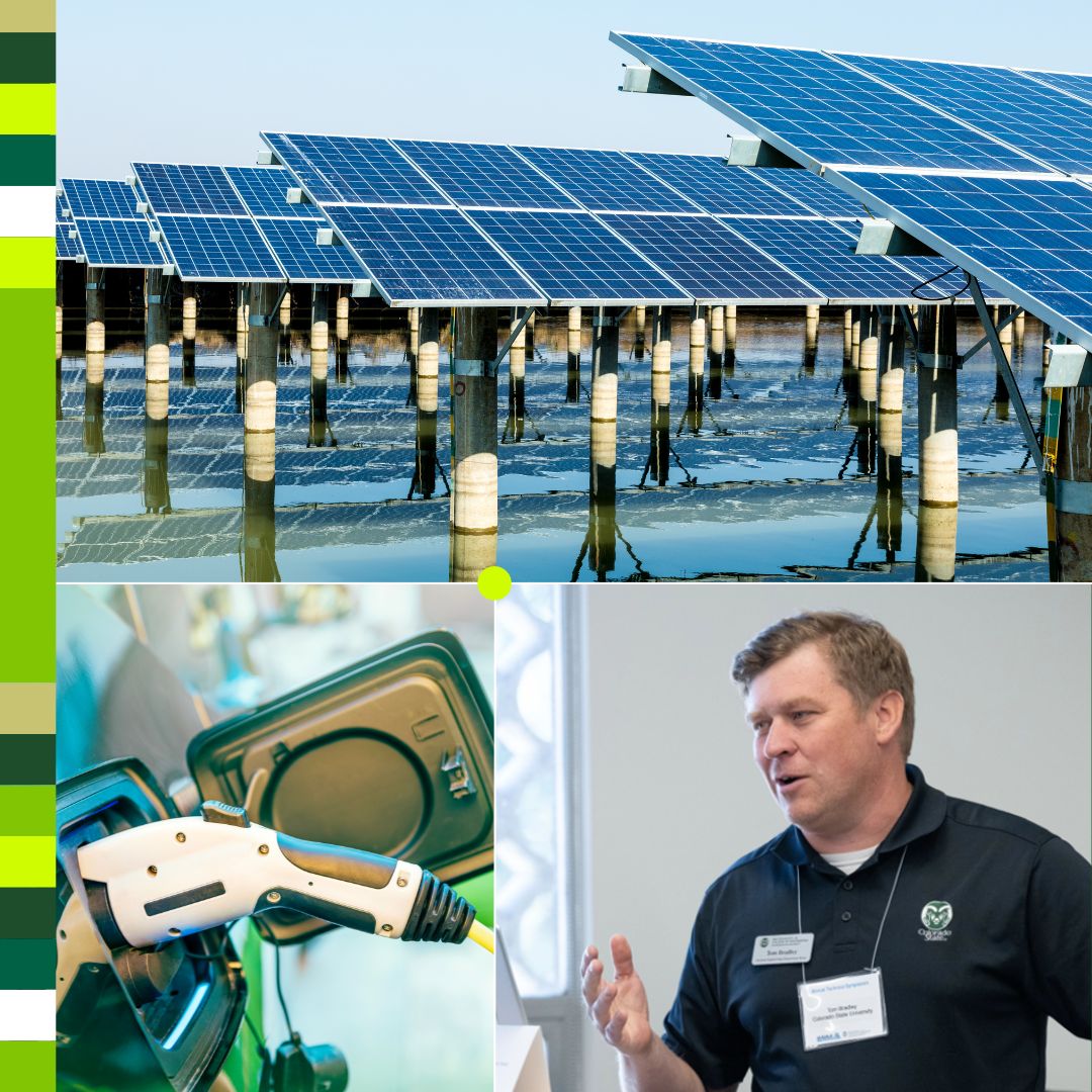Image of Tom Bradley speaking, an electric car charging, and solar panels with plants growing between them.