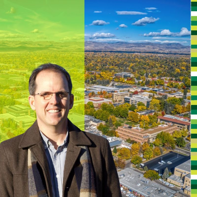 A graphic of a man over an aerial view of Fort Collins, Colorado.