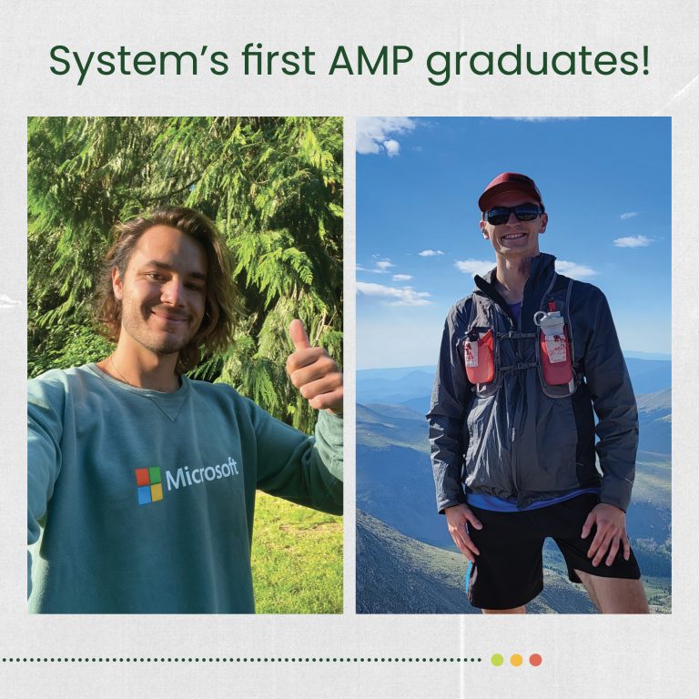Graphic with images of two men. One has his thumb up and has on a Microsoft shirt. The other is in hiking cloths on top of a mountain. Text reads: System's first AMP grads!