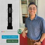 A graphic that includes a photo of a man wearing a collared shirt and glasses. Next to the image is a digital drawing of the medical device he designed. Text includes US patent number 11992411. Adam Morrone.