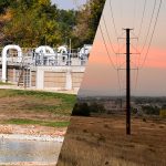 Two images, one of a water reclamation facility set next to an image of a powerline.