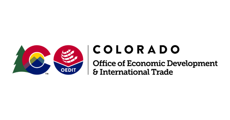 Graphic with two logos: the Colorado government logo of a stylized "C" and a pine tree, and the OEDIT logo with some wavy lines. Text: COLORADO Office of Economic Development & International Trade