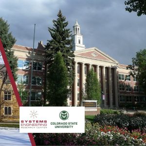 Image of a building and a flower garden with two logos, one the Colorado State University logo and the other the Systems Engineering Research Center (SERC) logo
