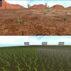 Two screenshots of the VR world the winning team created depicting dry soil in the first image and growing plants in the second.