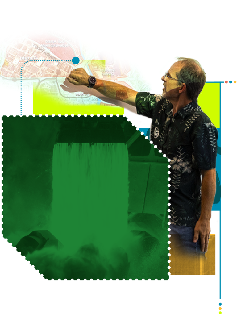 A graphic with a cutout of a man gesturing to a projected map and another image of a rocket blasting.