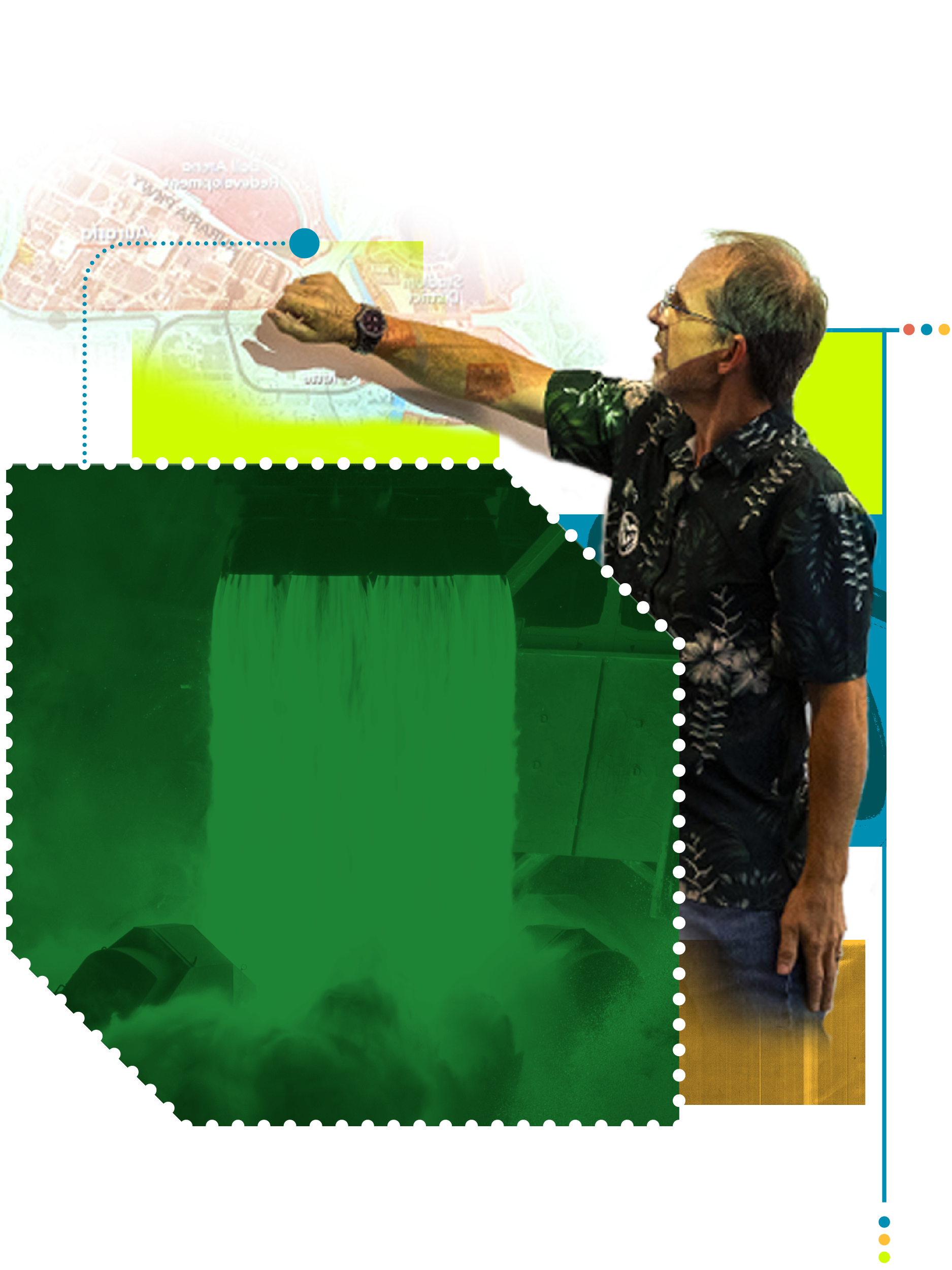 A graphic with a cutout of a man gesturing to a projected map and another image of a rocket blasting.