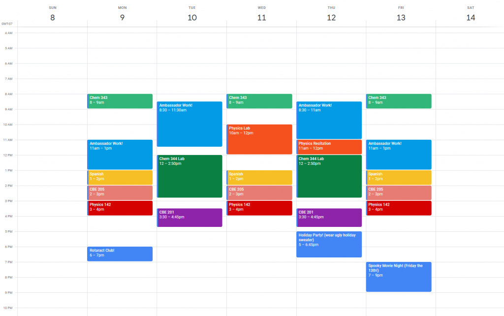 A screenshot of a weekly schedule
