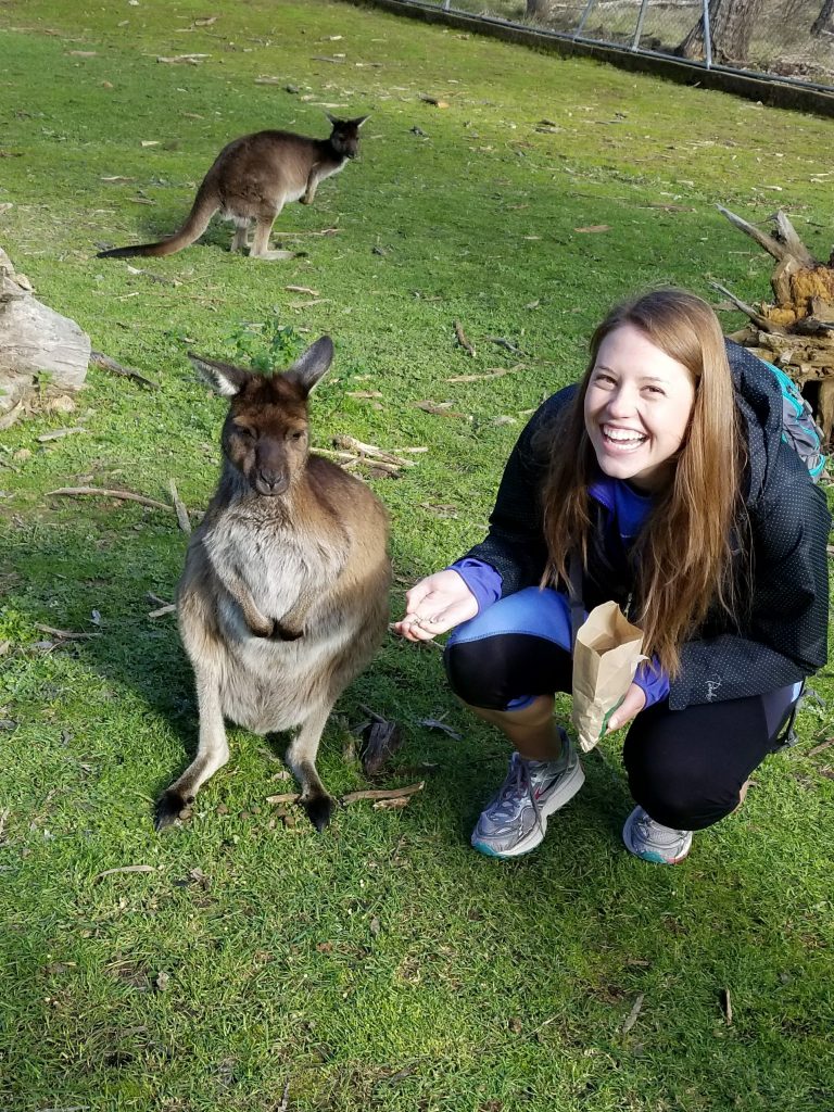 Mauri Richards and a kangaroo in Australia
