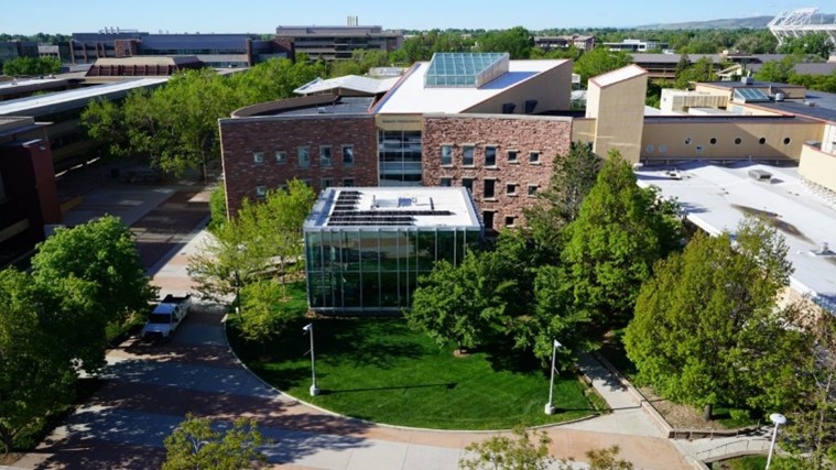 An aerial view of Morgan Library on CSU's campus