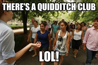 Meme about college tours advertising quidditch