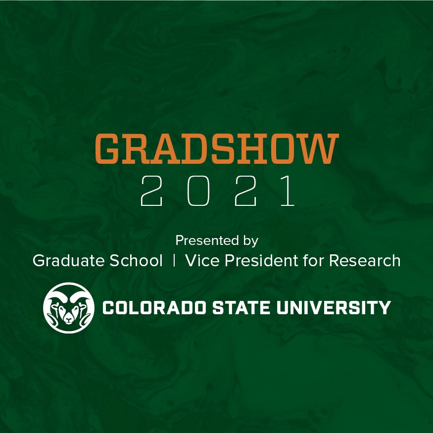 Graphic design with green background, CSU logo, and text "Gradshow 2021, presented by the Graduate School and Vice President for Research."