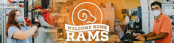 Email header banner with text "Welcome home Rams" and photo background of students working on projects.
