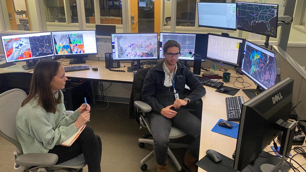 CSU Ph.D. student Allie Mazurek discusses the CSU-MLP with forecaster Andrew Moore.