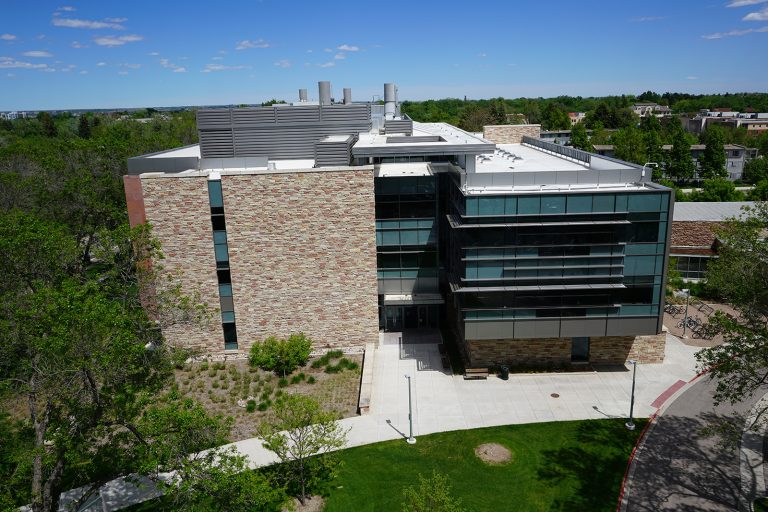 Aerial photo of the Suzanne and Walter Scott, Jr. Bioengineering Building, May 2020. Credit: CSU Drone Center.