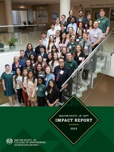 2023 Walter Scott, Jr. Gift Impact Report cover featuring Scott Scholars and college staff on steps inside the Lory Student Center.