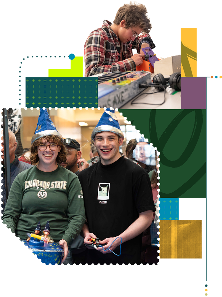 Photo illustration featuring several photos of students working and graphics.