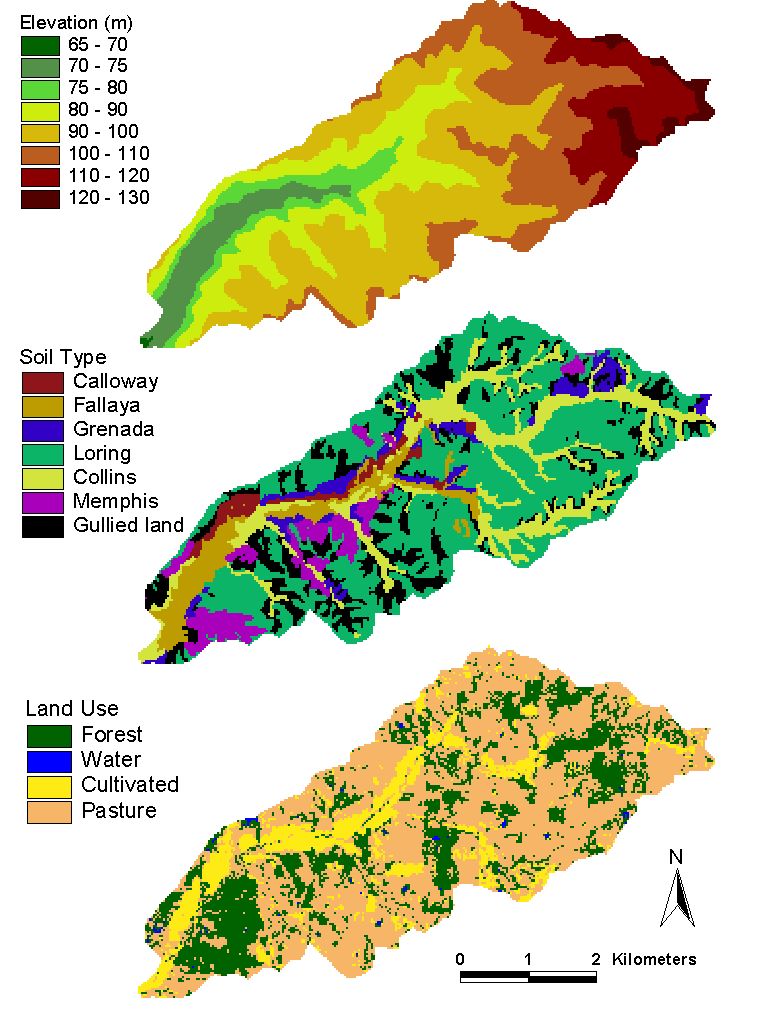 Figure 10. DEM, soils and land use maps of the Goodwin Creek watershed (30-m).